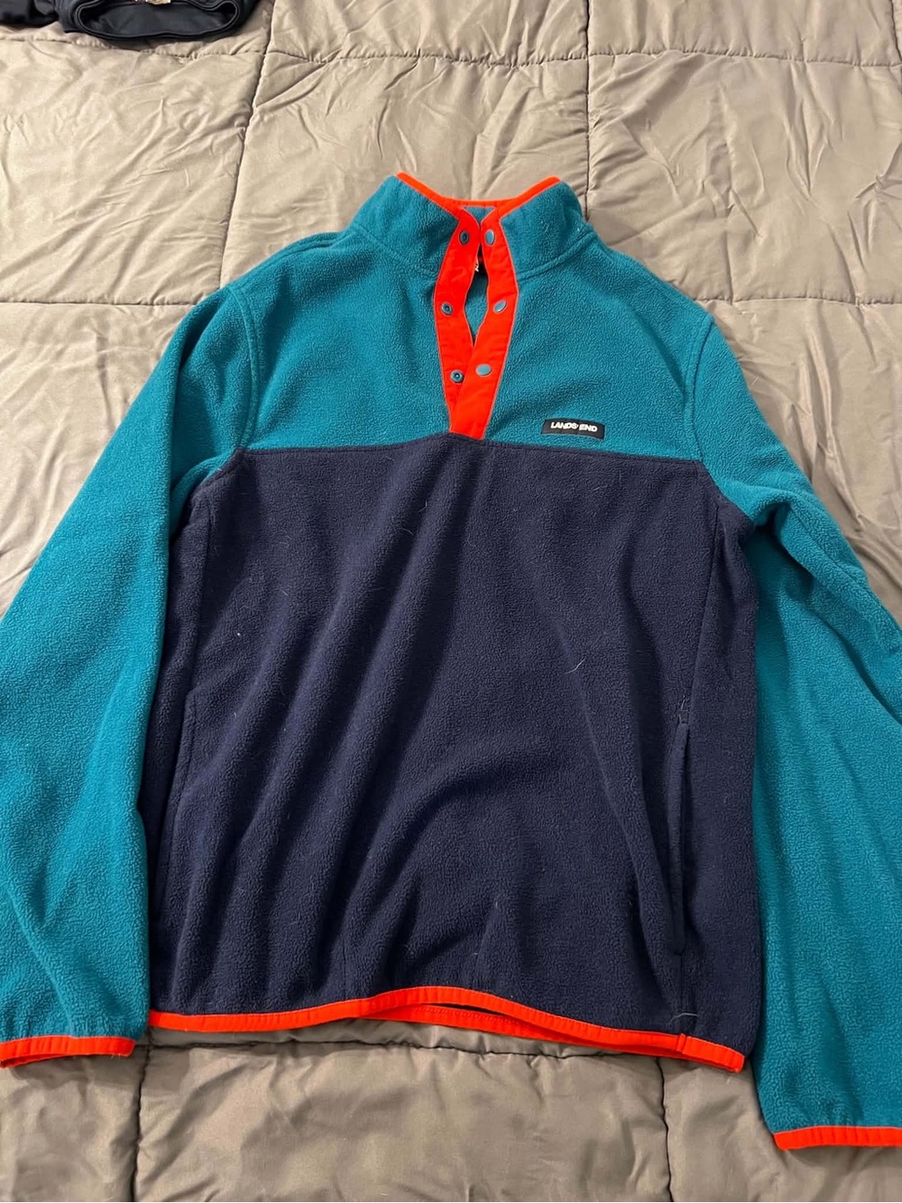 Lands' End Teal & Navy Fleece Pullover with Red Trim